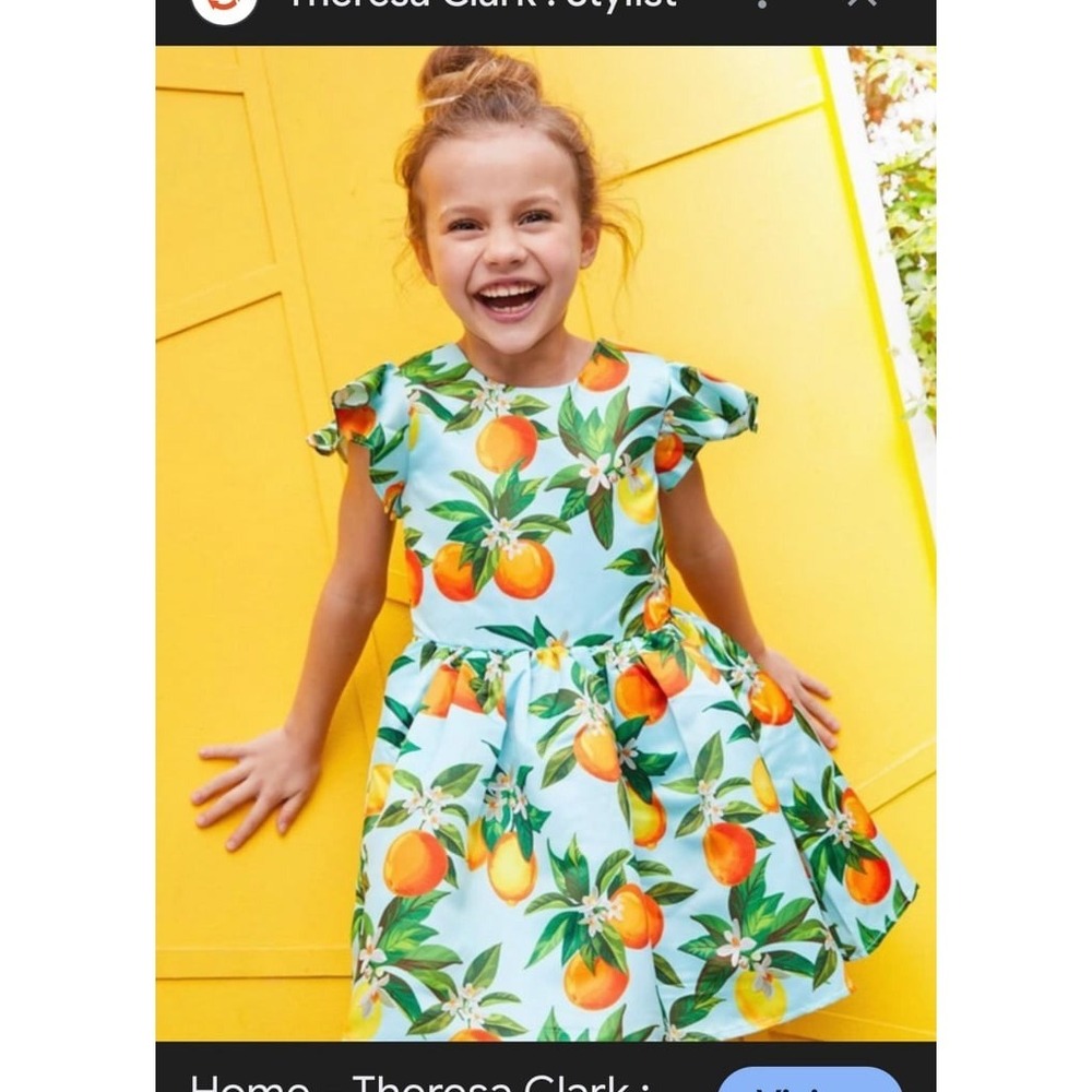 Girls' HalaBaloo Dress with lemons and oranges on a blue background size 4